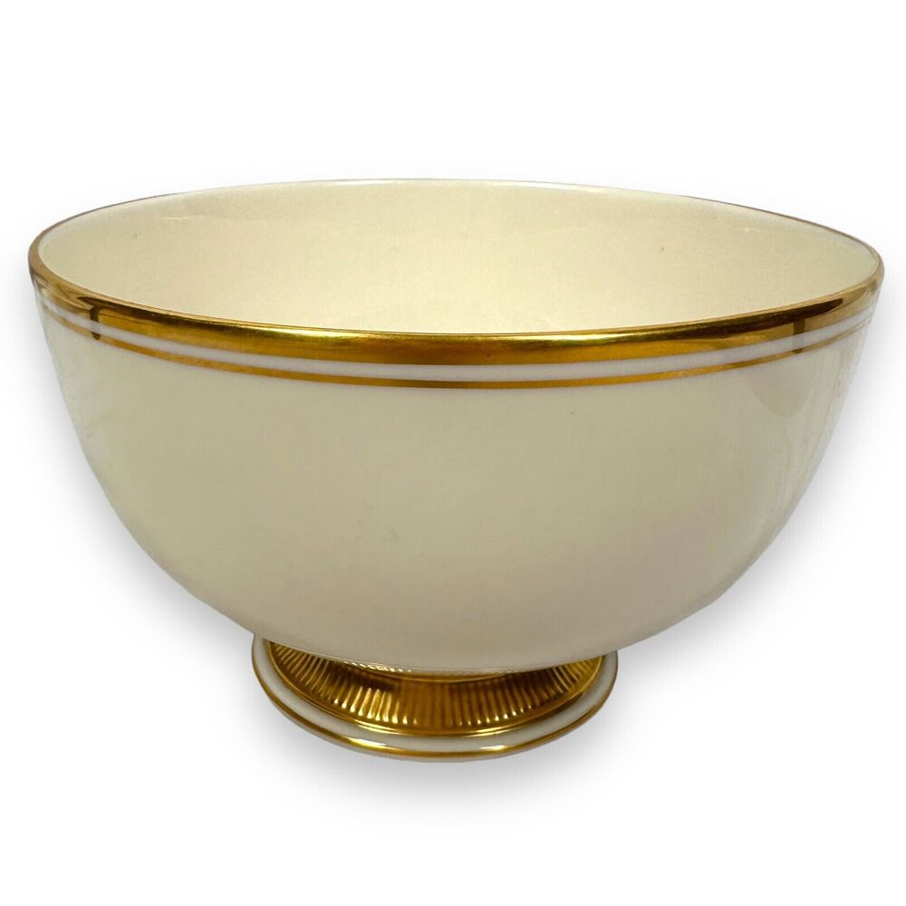 Vintage Lenox Tuxedo Serving Bowl Gold Back Stamp 60s Footed 7.5"‎ Heritage Rare